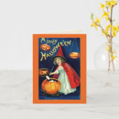 Oude vrolijke Halloween meisjesheks Kaart (Gele Bloem)