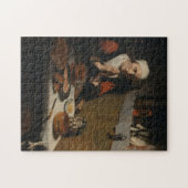 Oude vrouw bidt bij maaltijd middeleeuwse kunst legpuzzel (Horizontaal)