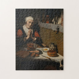 Oude vrouw bidt bij maaltijd  middeleeuwse kunst legpuzzel