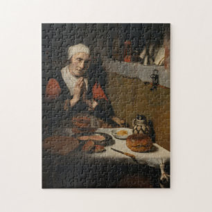 Oude vrouw bidt bij maaltijd  middeleeuwse kunst legpuzzel