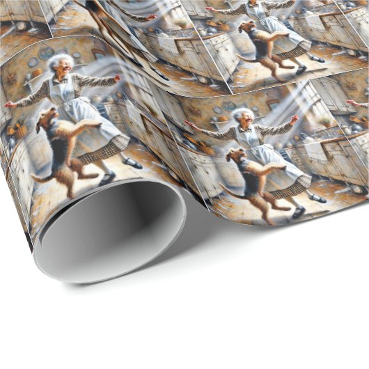 Oude vrouw dansen met hond cadeaupapier (Rol Hoek)