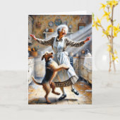 Oude vrouw dansen met hond verjaardag kaart (Gele Bloem)