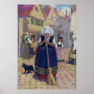 Oude vrouw, kat en bezem kinderrijmpje poster