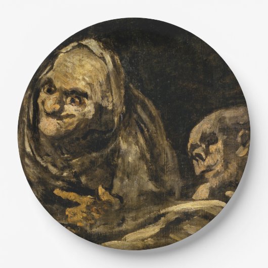 Oude vrouw met een skelet (dood) (Francisco Goya) Papieren Bordje (Voorkant)