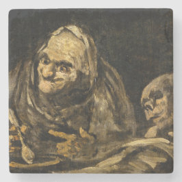 Oude vrouw met een skelet (dood) (Francisco Goya) Stenen Onderzetter