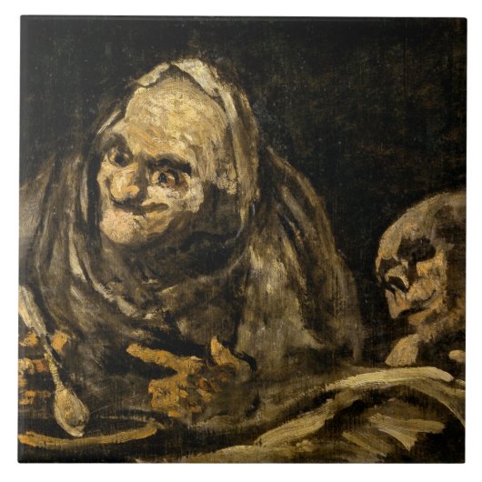 Oude vrouw met een skelet (dood) (Francisco Goya) Tegeltje (Voorkant)