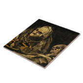 Oude vrouw met een skelet (dood) (Francisco Goya) Tegeltje (Zijkant)