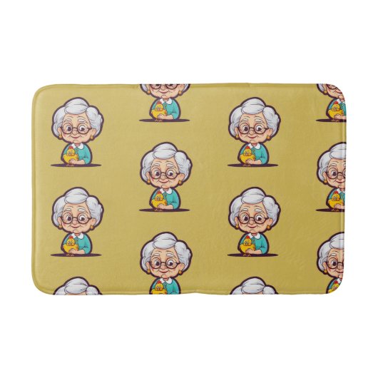 Oude vrouw met kip badmat (Voorkant)