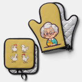 Oude vrouw met kip ovenwant & pannenlap set (Voorkant / Achterkant)