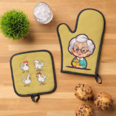 Oude vrouw met kip ovenwant & pannenlap set (Top down)