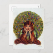 Oude vrouw, pauweenveren, nieuwe kunst feestdagenkaart (Voorkant / Achterkant)