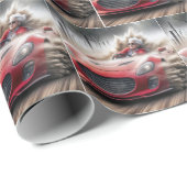 Oude vrouw rijdt in een rode sportwagen cadeaupapier (Rol Hoek)