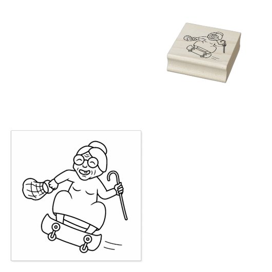 Oude vrouw Skateboarden Rubberstempel (Gestempeld)