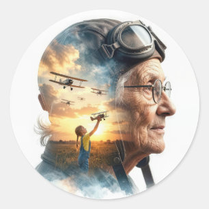 Oude vrouwelijke vlieger die het verleden herinner ronde sticker