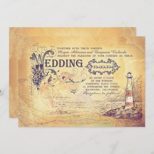 Oude  vuurtoren nautische bruiloft uitnodigingen (Voorkant / Achterkant)