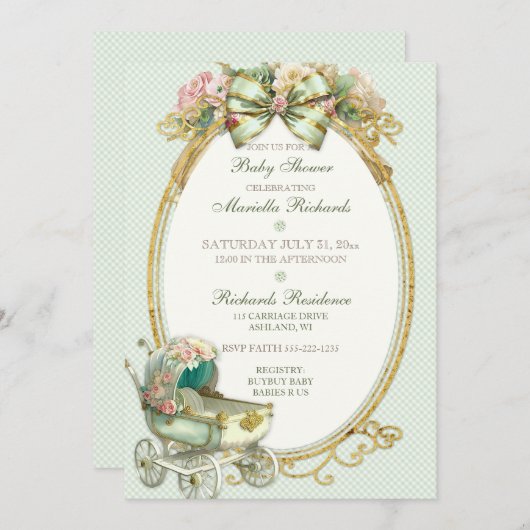 Oude Wagen Ivoor Mint Goud Rozen Gingham Kaart (Voorkant / Achterkant)