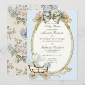 Oude Wagen Koolwit Blauwe Gouden Rozen Gingham Kaart (Voorkant / Achterkant)