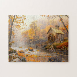 Oude watermolen bij de stroom in de herfst legpuzzel