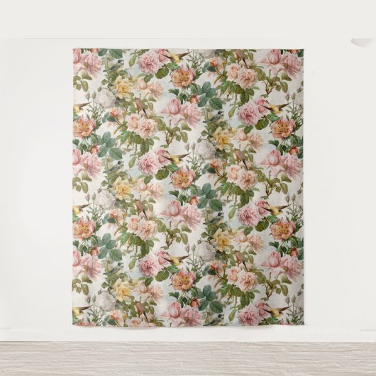 Oude waterverf bloem roze geel vogel bruiloft wandkleed (Voorkant)