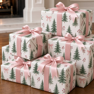 Oude waterverf kerstboom roze lint boog cadeaupapier