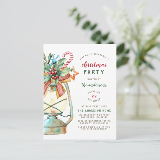 Oude Waterverf Lamp Kerstfeest Uitnodiging Briefkaart (Staand voorkant)