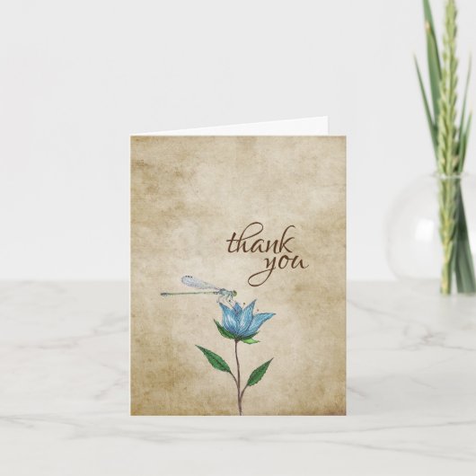 Oude waterverf libel en blauwe bloem bedankkaart (Voorkant)