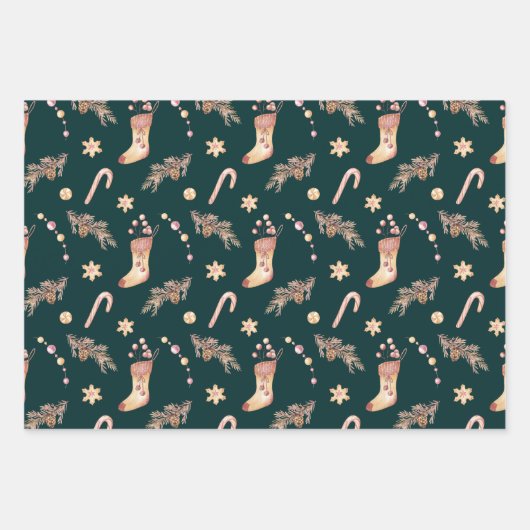 Oude waterverf sokken snoep dennenboom Kerstmis  Inpakpapier Vel (Voorkant 2)