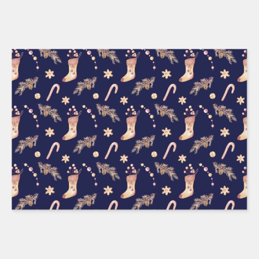 Oude waterverf sokken snoep dennenboom Kerstmis Inpakpapier Vel (Voorkant)