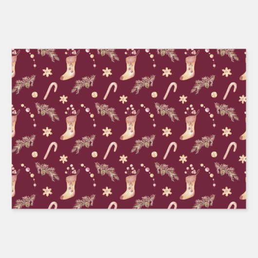 Oude waterverf sokken snoep dennenboom Kerstmis  Inpakpapier Vel (Voorkant 3)