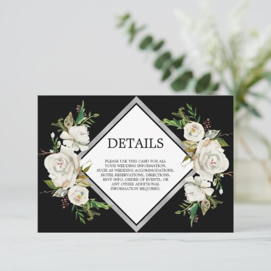 Oude waterverf zwart witte bloemen DETAILS Informatiekaartje (Staand voorkant)