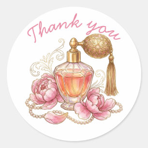 Oude waterverfparfumfles & roze pioenrozen ronde sticker