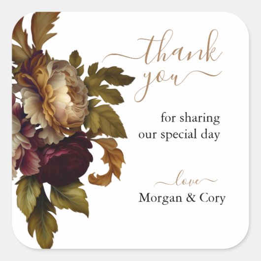 Oude Wereld Bloemen Bruiloft Dank u Vierkante Sticker (Voorkant)