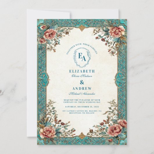 Oude Wereld Botanische Elegantie Huwelijk Kaart (Voorkant)