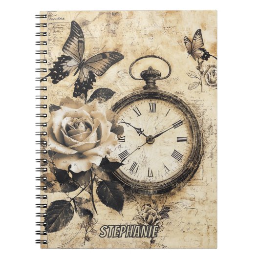 Oude Wereld Bruine Botanische Kompas Vlinder Notitieboek (Voorkant)
