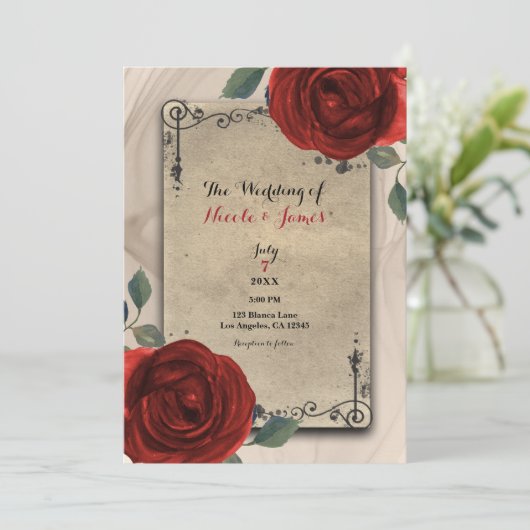  Oude Wereld Charme Rode Rozen Elegante bruiloft Kaart (Staand voorkant)
