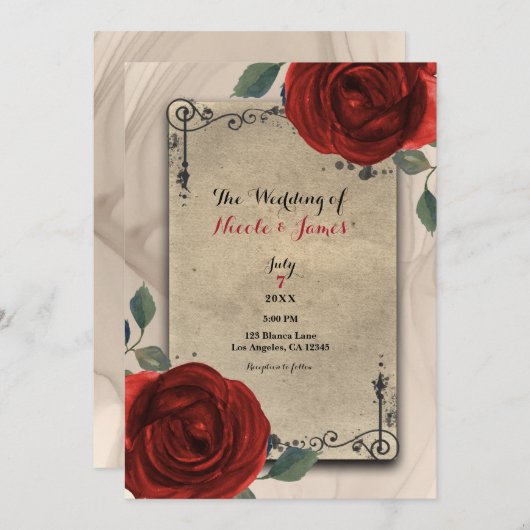  Oude Wereld Charme Rode Rozen Elegante bruiloft Kaart (Voorkant / Achterkant)