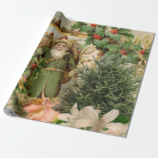 Oude Wereld Groene Kerstman Kerst Collage Antiek Cadeaupapier (Uitgerold)