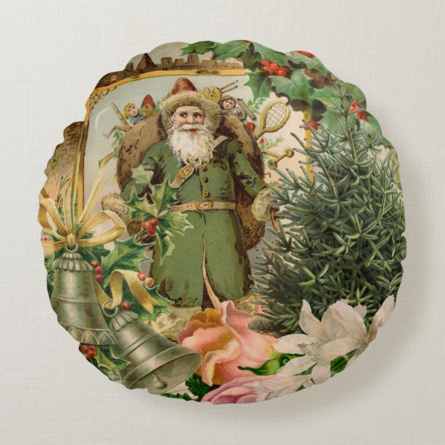 Oude Wereld Groene Kerstman Kerst Collage Antiek Rond Kussen (Voorkant)