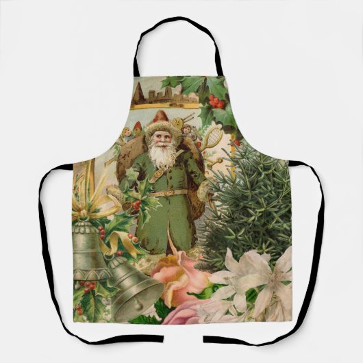 Oude Wereld Groene Kerstman Kerst Collage Antiek Schort (Voorkant)