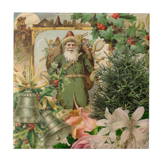 Oude Wereld Groene Kerstman Kerst Collage Antiek Tegeltje (Voorkant)