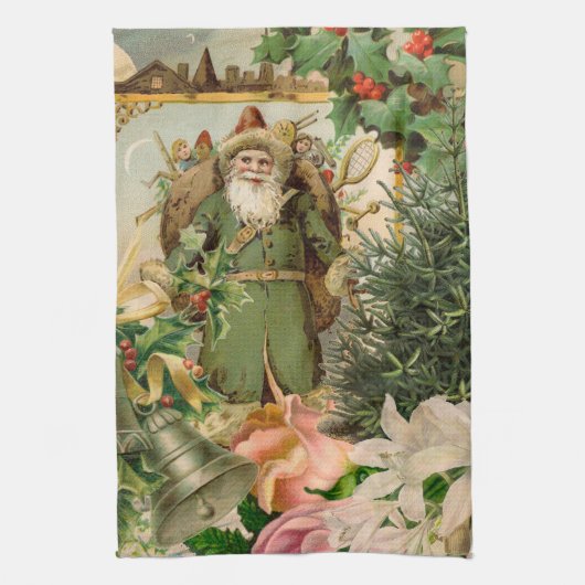 Oude Wereld Groene Kerstman Kerst Collage Antiek Theedoek (Verticaal)