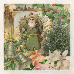 Oude Wereld Groene Kerstman Kerstcollage Antiek Glazen Onderzetter