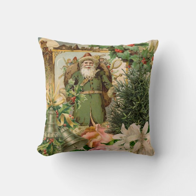 Oude Wereld Groene Kerstman Kerstcollage Antiek Kussen (Voorkant)