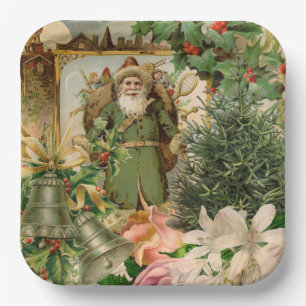 Oude Wereld Groene Kerstman Kerstcollage Antiek Papieren Bordje