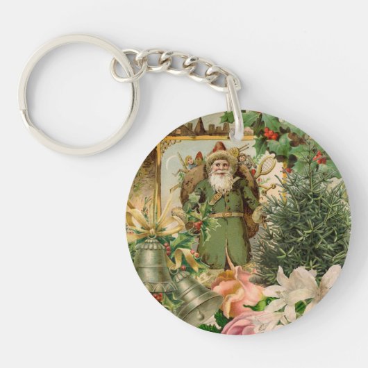 Oude Wereld Groene Kerstman Kerstcollage Antiek Sleutelhanger (Voorkant)