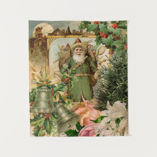 Oude Wereld Groene Kerstman Kerstcollage Antiek Wandkleed (Voorkant)