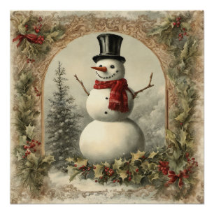 Oude Wereld Kerstmis Sneeuwman Perfect Poster