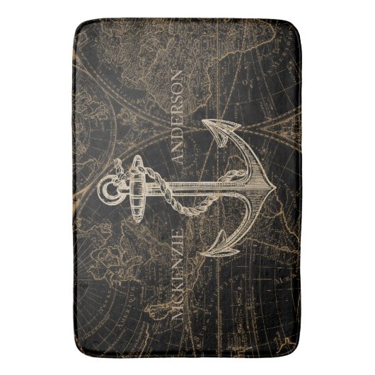 Oude Wereld Nautical Anchor Monogram Black Badmat (Voorkant Verticaal)