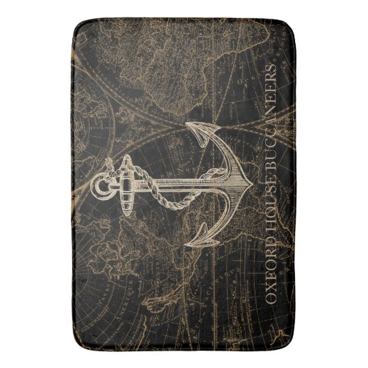 Oude Wereld Nautical Anchor Monogram Black Badmat (Voorkant Verticaal)