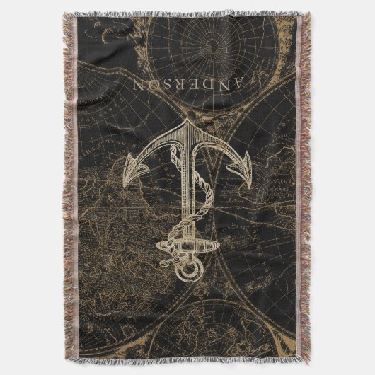 Oude Wereld Nautical Anchor Monogram Black Deken (Voorkant Verticaal)